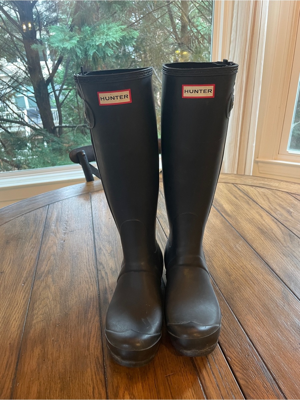 Hunter Black Tall Rubber Rain Boots with Logo Plaque